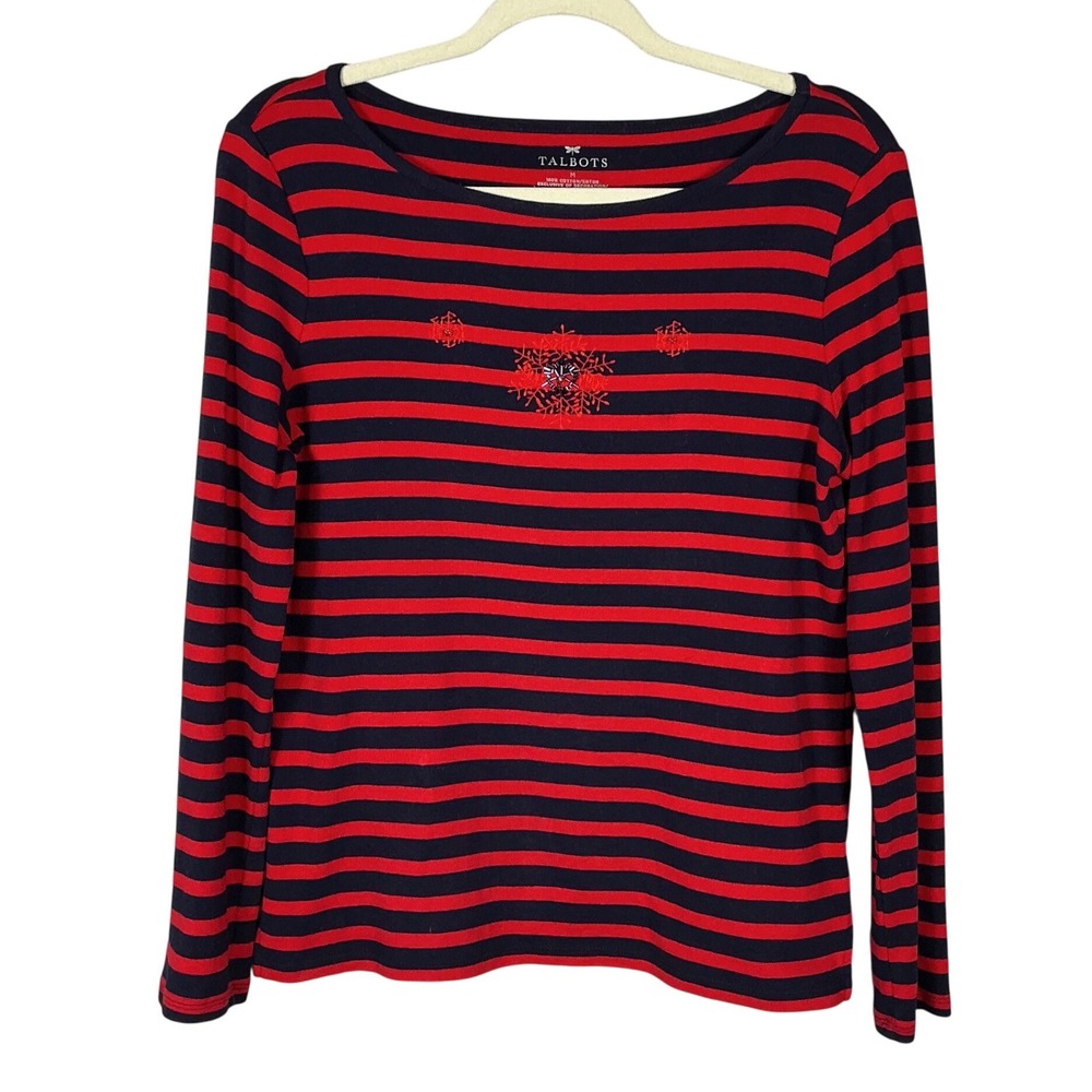 Talbots Womens M Navy Red Striped Long Sleeve Snowflake Embroidered Cotton Tee